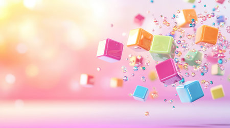 This captivating image features colorful floating cubes surrounded by sparkling bubbles, set against a vibrant blurred background. Perfect for creative projects.の素材