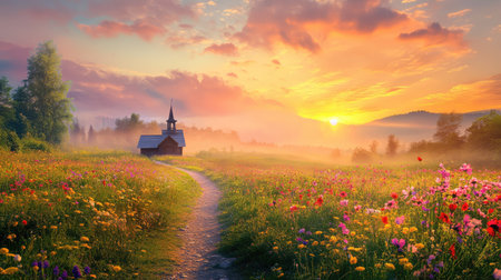 A captivating sunrise illuminates a serene countryside scene, featuring a charming wooden church nestled among vibrant flowering fields and a meandering path.の素材