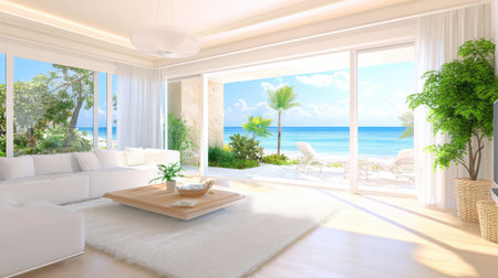 This image showcases a bright and airy living room with modern dの素材