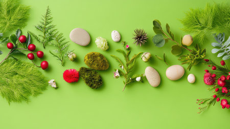 A vibrant green backdrop showcases a beautiful arrangement of natural elements, including eggs, stones, and various plants, creating a fresh and tranquil atmosphere.の素材