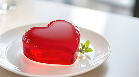 A vibrant red heart-shaped gelatin dessert elegantly placed on a white plate with a hint of fresh green herb, symbolizing love and celebration.の素材