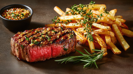 A mouthwatering grilled steak paired with crispy golden fries and fresh herbs on a dark plate, showcasing a perfect dinner option for food lovers.の素材