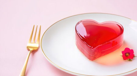 A vibrant heart-shaped gelatin dessert beautifully placed on a white plate, accompanied by a gold fork, perfect for romantic celebrations and culinary artistry.の素材