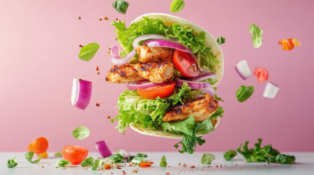 This vibrant image showcases a delicious grilled chicken wrap featuring fresh lettuce, tomatoes, and onions, set against a light pink background.の素材