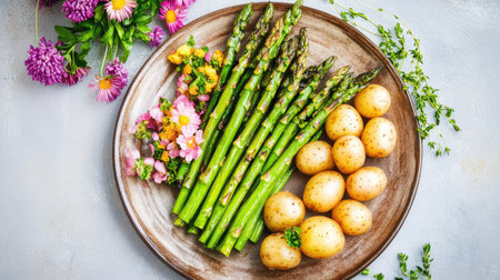 A beautifully arranged plate featuring fresh asparagus and baby potatoes, complemented by colorful edible flowers. Perfect for showcasing seasonal ingredients.の素材