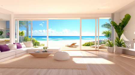 This stunning coastal living room features expansive windows showcasing a beautiful ocean view. The modern design includes soft furnishings, natural elements, and inviting decor, creating a perfect atmosphere for relaxation and leisure.の素材