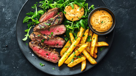 A vibrant plate featuring juicy grilled steak sliced and served with fresh greens, crispy fries, and a flavorful sauce, perfect for any meal.の素材