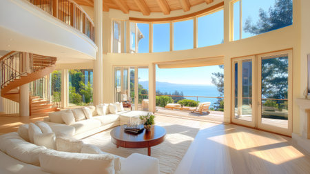 A stunning modern living room boasts expansive panoramic ocean views through large glass doors, showcasing elegant design and a relaxing atmosphere.の素材