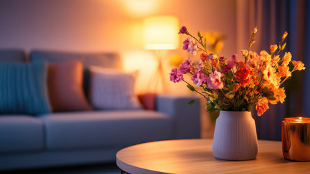 A cozy living room scene featuring a beautifully arranged vase of flowers and a warm candle, creating an inviting ambiance perfect for relaxation.の素材