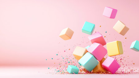 A vibrant arrangement of colorful cubes cascading against a soft pastel pink background, accompanied by sprinkles, creating a playful and eye-catching visual.の素材