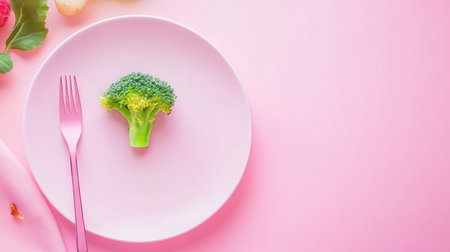 A single piece of fresh broccoli is elegantly displayed on a pale pink plate with a matching pink fork nearby. This image captures the essence of healthy eating and simplicity, making it ideal for wellness and nutrition themes.の素材