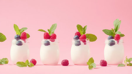 Delightful yogurt cups topped with fresh berries and mint create a visually appealing and healthy dessert option. Set against a soft pink background, these jars evoke a sense of freshness and indulgence. Perfect for lifestyle and nutrition-themed content.の素材