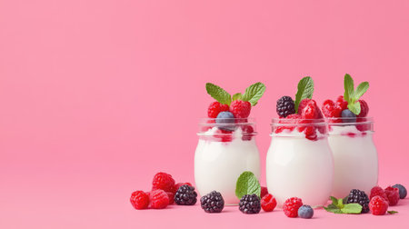 This image features fresh yogurt parfaits topped with an assortment of vibrant berries and mint leaves, set against a soft pink background, perfect for healthy eating.の素材