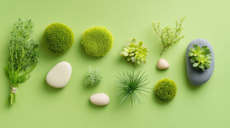 This image features a beautiful arrangement of green plants and smooth stones on a vibrant green background, ideal for themes of wellness and nature.の素材