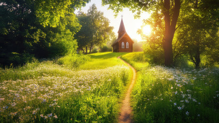 A tranquil landscape featuring a charming church nestled among lush green trees and vibrant wildflowers, illuminated by the soft rays of sunrise.の素材