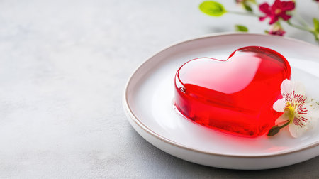 This heart-shaped red gelatin dessert on a white plate is perfect for romantic occasions. With delicate flowers and greenery, it creates an inviting and festive display for celebrations.の素材