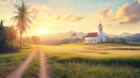 A picturesque sunrise illuminates a tranquil countryside scene featuring a small church surrounded by lush fields and distant mountains. Soft sunlight bathes the landscape in a warm glow, inviting a sense of peace and serenity.の素材