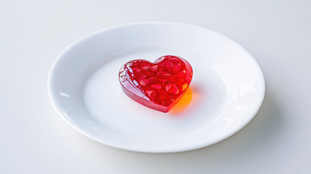 A beautiful red heart-shaped jelly dessert resting on a pristine white plate, perfect for celebrating love or special occasions. Soft lighting enhances its glossy appearance, making it an ideal treat for romantic events or festive gatherings.の素材