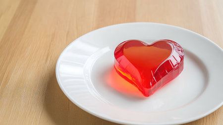 A vivid heart-shaped red gelatin dessert sits elegantly on a white plate, ideal for celebrating love and special occasions. This visually appealing treat entices with its playful shape and vibrant color, making it perfect for festive gatherings.の素材