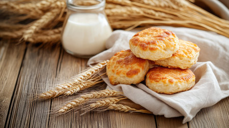 Enjoy a cozy scene featuring freshly baked biscuits paired with wheat stalks and milk, perfect for breakfast or snack time. Ideal for food lovers.の素材