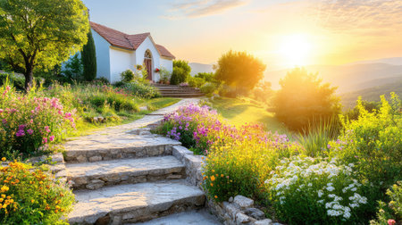 A beautiful sunrise illuminates a charming house surrounded by vibrant flowers and lush greenery, creating a serene and peaceful landscape.の素材