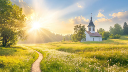 A picturesque view of a rustic church bathed in warm sunlight at sunrise, set against a backdrop of lush meadows and blooming wildflowers, creating a peaceful atmosphere.の素材