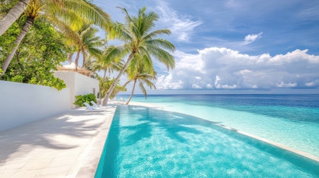 A serene tropical paradise featuring a stunning clear water pool and lush palm trees, perfect for relaxation and outdoor enjoyment in a scenic environment.の素材