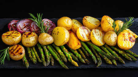 A vibrant display of grilled potatoes and asparagus, garnished with fresh herbs, elegantly arranged on a black slate board. Perfect for healthy dining.の素材