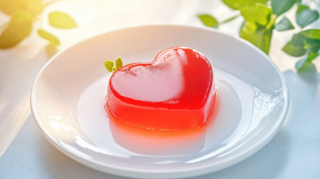 A delightful heart-shaped red jelly dessert sits on a white plate, enhanced by soft natural light and green leaves, symbolizing love and freshness.の素材
