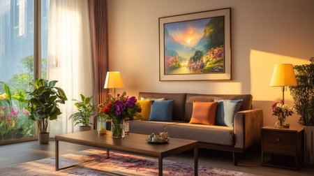 A serene living room scene featuring a comfortable sofa adorned with colorful cushions, a beautiful flower arrangement, and warm evening light illuminating artwork, emphasizing tranquility and cozy design.の素材