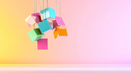 This image features colorful geometric shapes suspended in mid-air, set against a vibrant gradient background. The playful arrangement showcases modern design elements, ideal for creative projects.の素材