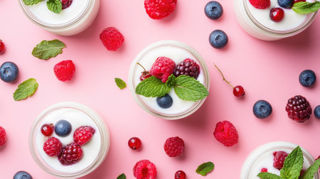 Delight in the vibrant arrangement of fresh yogurt bowls topped with assorted berries and mint leaves, perfect for healthy snacking or summer gatherings.の素材