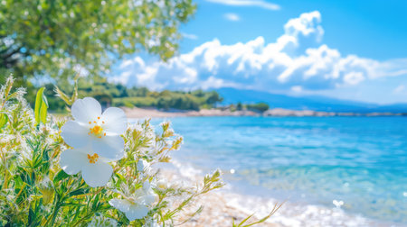 A peaceful coastal scene showcasing delicate white flowers by the shoreline, with sparkling blue water and fluffy clouds in a vibrant sky. Perfect for nature lovers.の素材