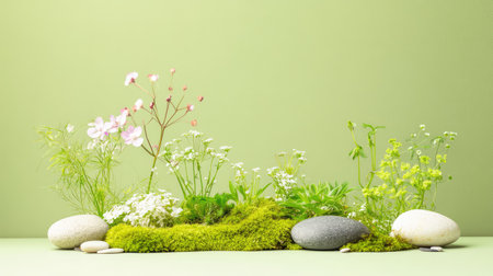 This serene nature arrangement features vibrant flowers and soft green moss nestled among smooth stones on a subtle green background, creating a peaceful atmosphere.の素材