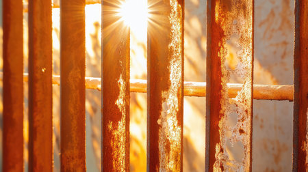 A captivating image featuring sunlight filtering through rusty metal bars, creating intricate patterns and warm tones in an urban environment. Perfect for artistic projects.の素材