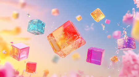 A collection of colorful ice cubes splashes into water, creating an energetic and vibrant scene. Perfect for summer themes and refreshing beverages.の素材
