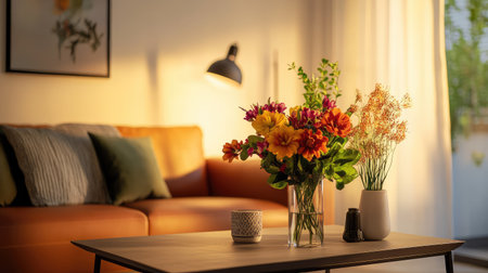 A cozy living room captures a vibrant bouquet of flowers in a stylish vase, set on a coffee table, illuminated by warm evening light.の素材