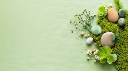 A vibrant arrangement of rocks, greenery, and delicate flowers on a soft green background, perfect for spring themes and eco-friendly designs.の素材