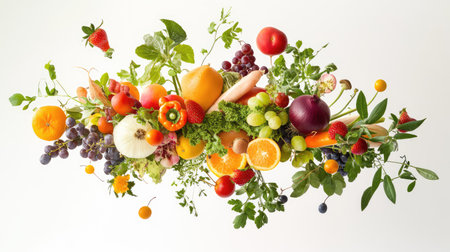 An artistic arrangement of colorful fruits and vegetables showcases the beauty of fresh produce. This vibrant display captures the essence of healthy eating, perfect for culinary and lifestyle inspirations.の素材