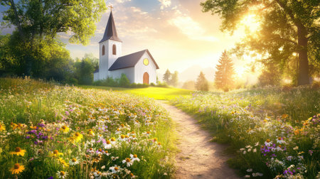 A tranquil scene capturing a rural church at sunrise, surrounded by vibrant wildflowers and lush greenery, inviting peace and exploration.の素材