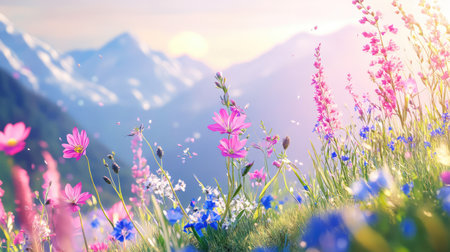 A breathtaking view of vibrant wildflowers blooming in a lush meadow, framed by majestic mountains, under a soft sunrise sky. Perfect for nature themes.の素材