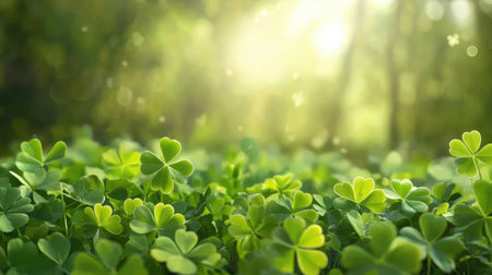 This image showcases a vibrant field of green clovers illuminated by gentle sunlight, evoking a sense of tranquility and natural beauty in a serene environment.の素材
