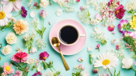 A serene composition featuring a cup of freshly brewed coffee placed on a pink saucer, surrounded by vibrant flowers on a soft aqua backdrop.の素材