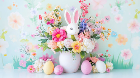 Delight in this vibrant spring bouquet featuring a cheerful bunny figure and colorful Easter eggs against a soft pastel background, perfect for seasonal celebrations.の素材