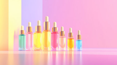 A striking arrangement of colorful essential oil bottles showcases vibrant liquids against a soft pastel background, ideal for wellness and beauty themes.の素材