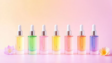 An array of colorful essential oil bottles featuring droppers set against a soft gradient background with delicate floral accents, symbolizing natural beauty and wellness.の素材