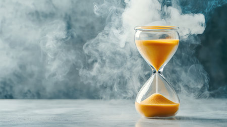 This artistic close-up features a classic hourglass filled with vibrant orange sand, surrounded by swirling smoke, creating a mysterious atmosphere.の素材