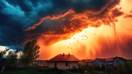 A breathtaking view of dramatic storm clouds illuminated by a vibrant orange sunset. The serene homes and nature create a captivating evening scene.の素材