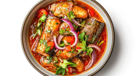 This vibrant fish stew showcases tender fish simmered in rich broth, garnished with fresh herbs and colorful vegetables, perfect for any meal.の素材