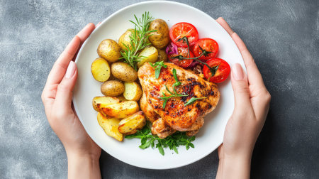 A beautifully arranged plate featuring grilled chicken breast, golden baby potatoes, and vibrant vegetables, perfect for a healthy meal.の素材